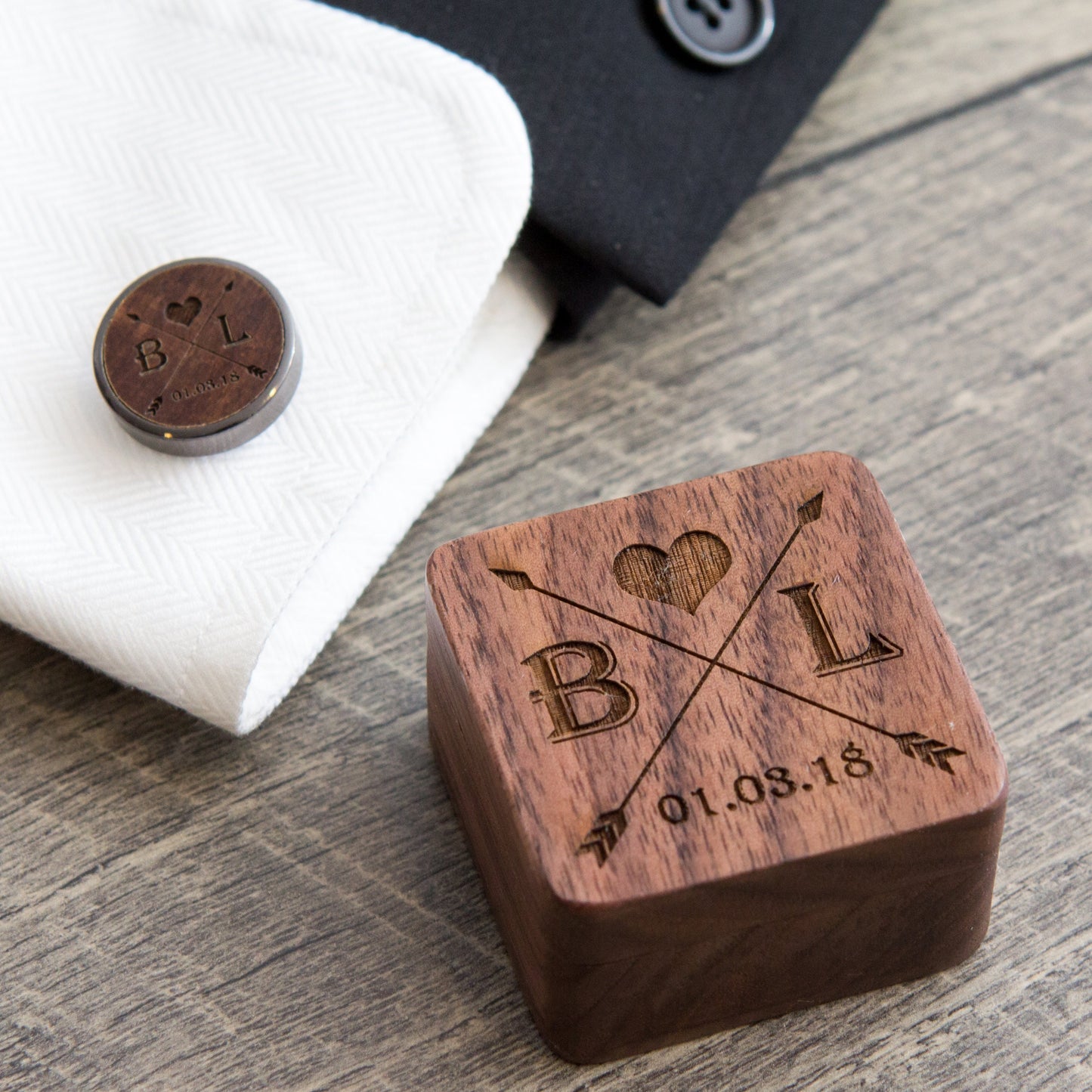 Wood Cufflinks - Square Gift Box Optional - Wedding Day Cuff links Father of the Groom Bride Groomsmen, 5th Anniversary or Honeymoon Gift
