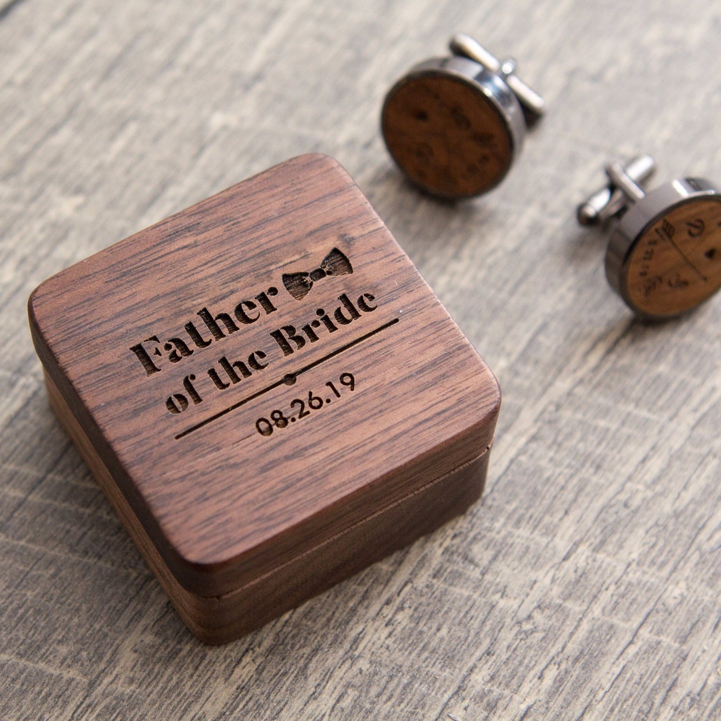 Wood Cufflinks - Square Gift Box Optional - Wedding Day Cuff links Father of the Groom Bride Groomsmen, 5th Anniversary or Honeymoon Gift