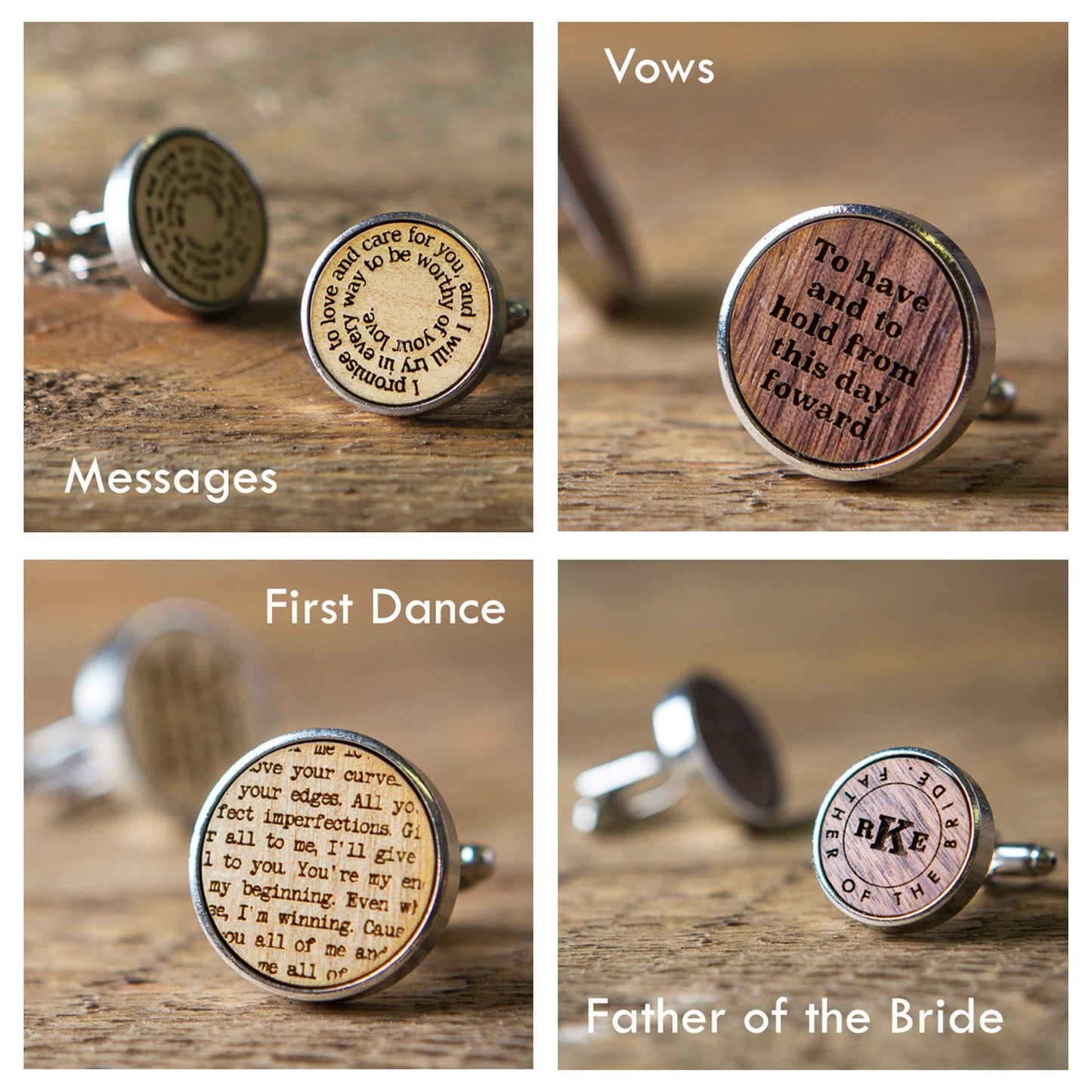 Wood Cufflinks - Square Gift Box Optional - Wedding Day Cuff links Father of the Groom Bride Groomsmen, 5th Anniversary or Honeymoon Gift