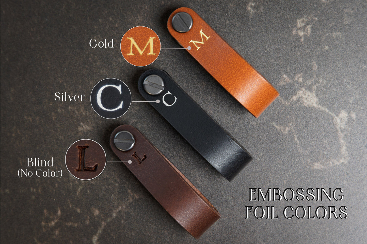 Embossed Leather Strap Key Chains (Initial) - Customzied Monogram Leather Key Ring, Luxury Minimalist 3rd Anniversary Simple Keychain Gift