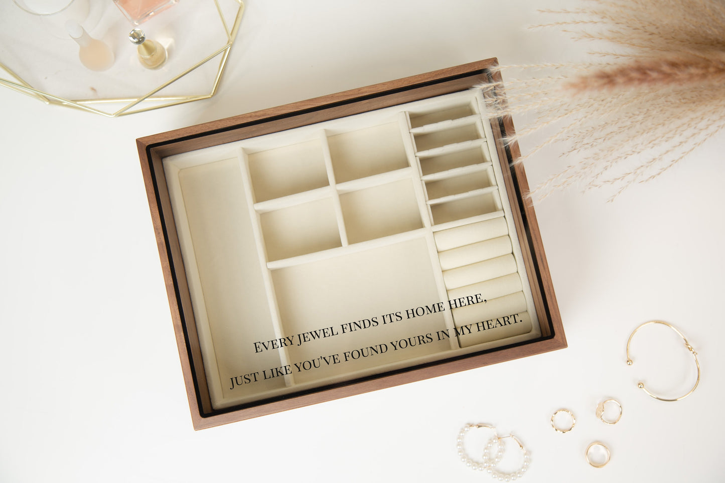 Large Women's Jewelry Box (Design 3) - Your Home Is My Heart Custom Glass Lid Jewelry Case with Dividers, Anniversary Birthday Gift for Her
