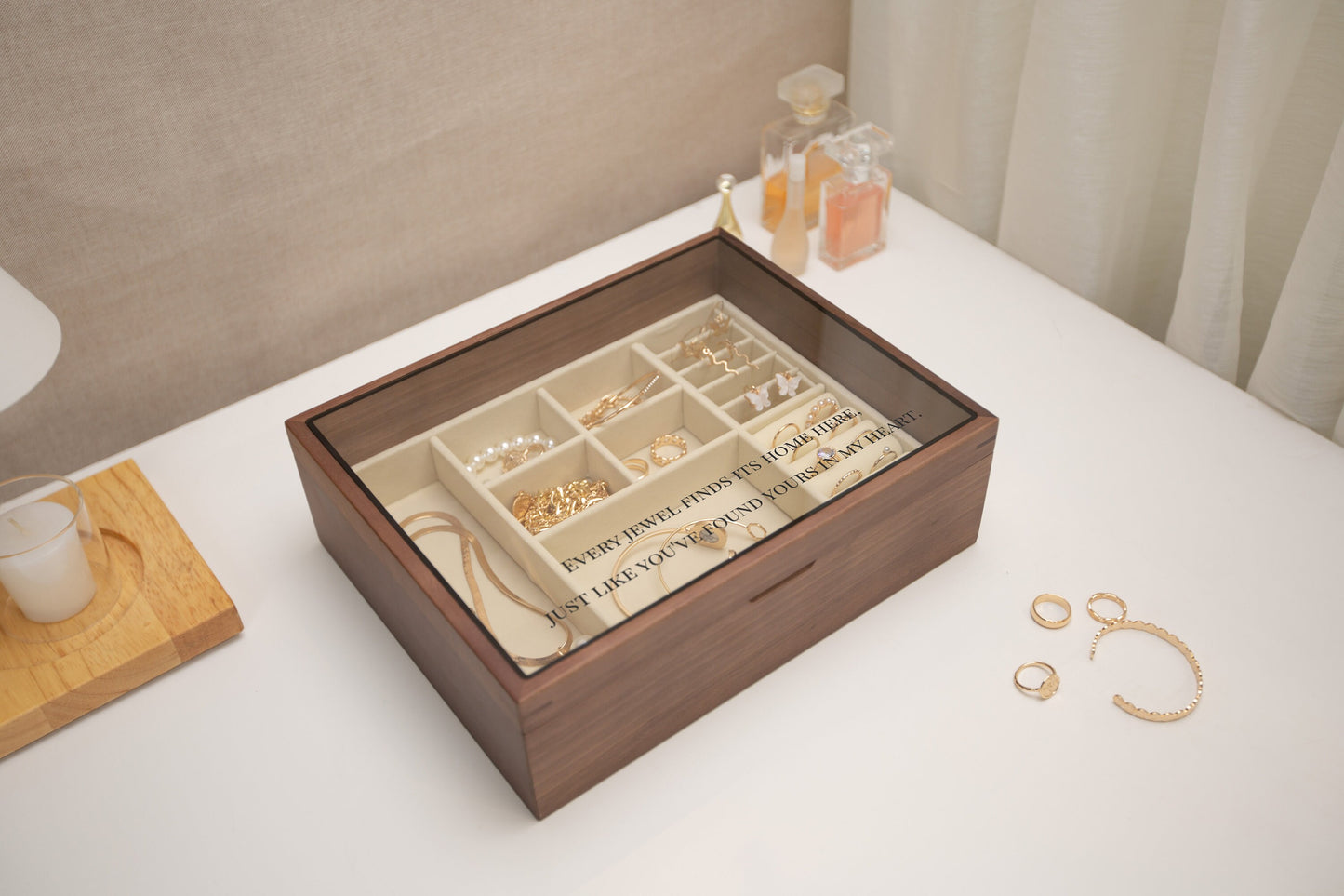 Large Women's Jewelry Box (Design 3) - Your Home Is My Heart Custom Glass Lid Jewelry Case with Dividers, Anniversary Birthday Gift for Her