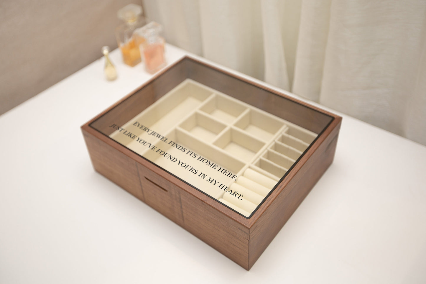 Large Women's Jewelry Box (Design 3) - Your Home Is My Heart Custom Glass Lid Jewelry Case with Dividers, Anniversary Birthday Gift for Her