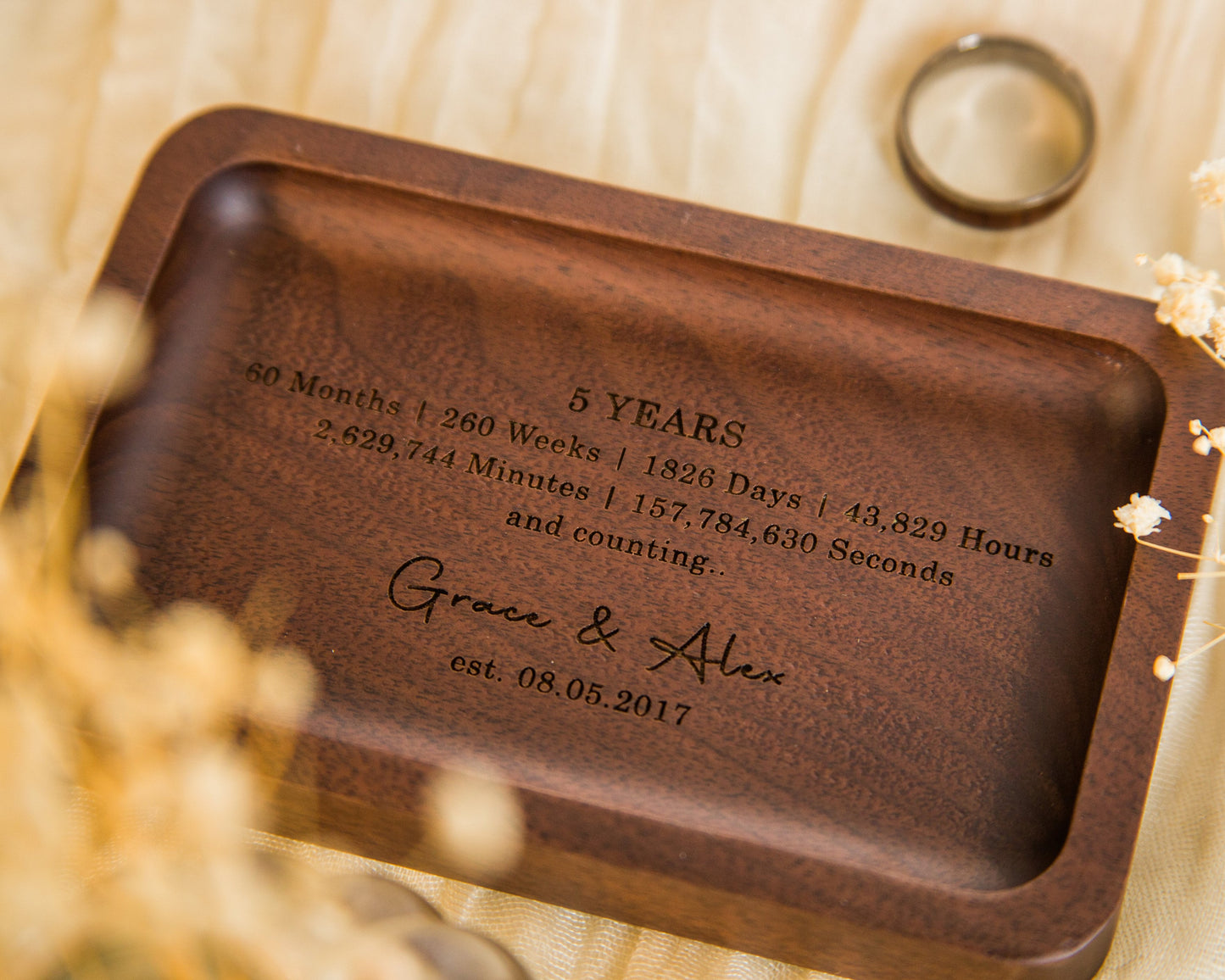Rectangle Wood Tray - Engraved Dish with Custom Handwriting for Rings Coins Keys, Bedside Table Tray, Gift Idea for Husband From Wife Kids