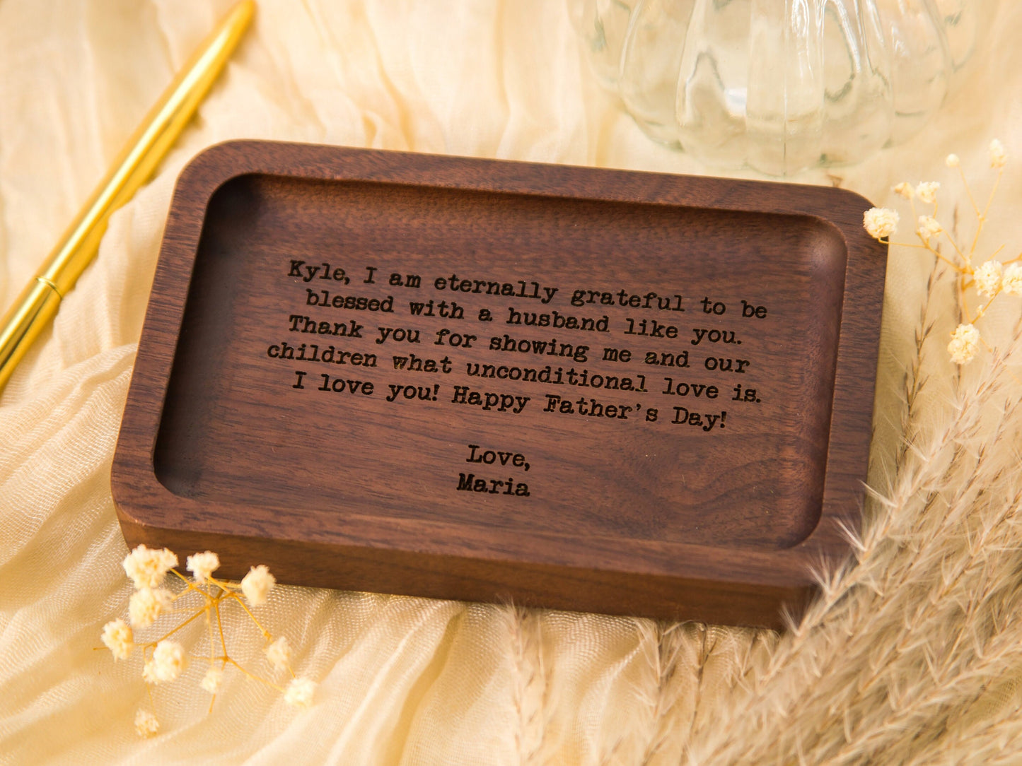 Rectangle Wood Tray - Engraved Dish with Custom Handwriting for Rings Coins Keys, Bedside Table Tray, Gift Idea for Husband From Wife Kids