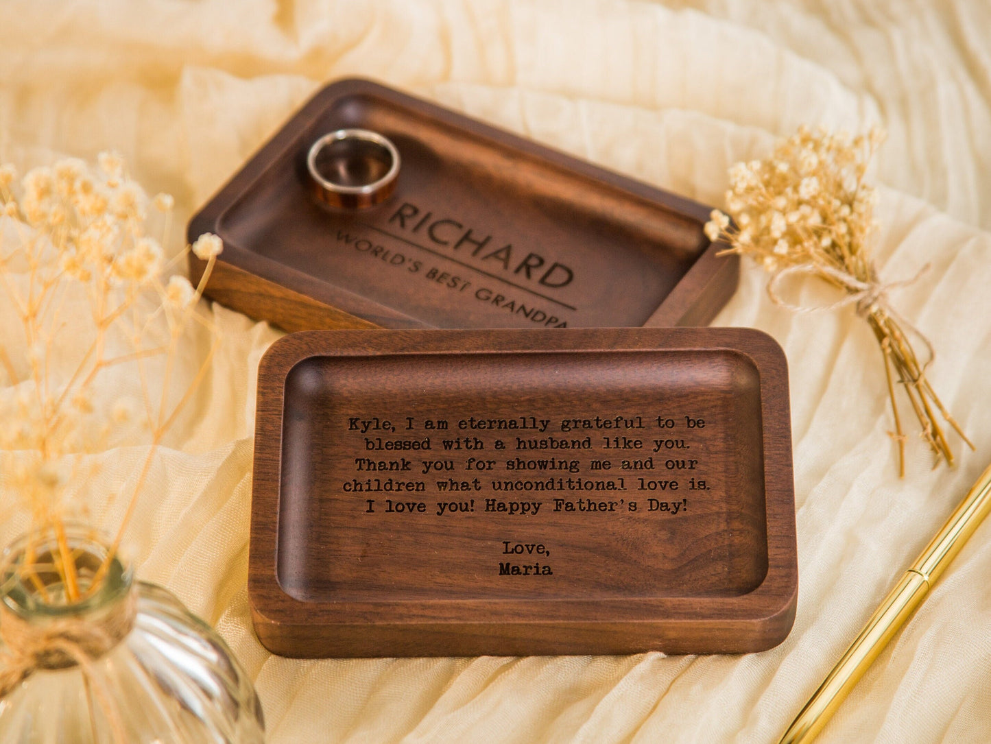 Rectangle Wood Tray - Engraved Dish with Custom Handwriting for Rings Coins Keys, Bedside Table Tray, Gift Idea for Husband From Wife Kids
