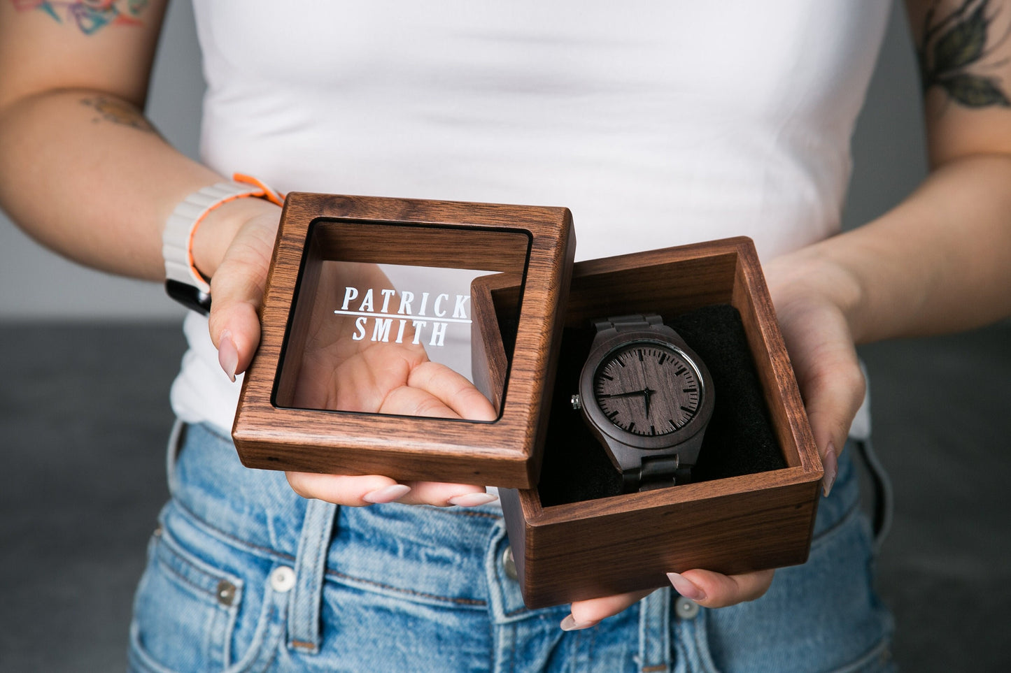 Engraved Wood Watch & Glass Top Walnut Gift Box - Mens 5th Anniversary Gift Husband, Wedding Day Father of Bride Groom Dad Son Brother