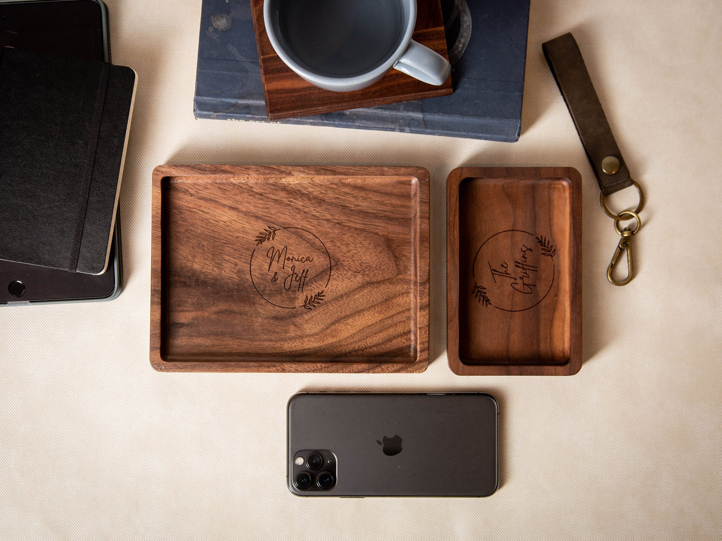Rectangle Wood Tray - Engraved Dish with Custom Handwriting for Rings Coins Keys, Bedside Table Tray, Gift Idea for Husband From Wife Kids