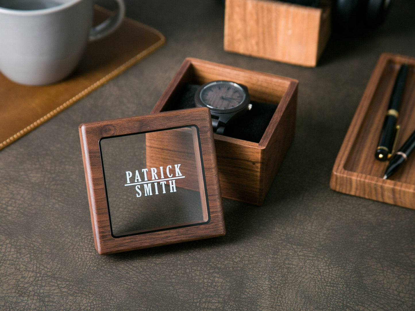 Engraved Wood Watch & Glass Top Walnut Gift Box - Mens 5th Anniversary Gift Husband, Wedding Day Father of Bride Groom Dad Son Brother