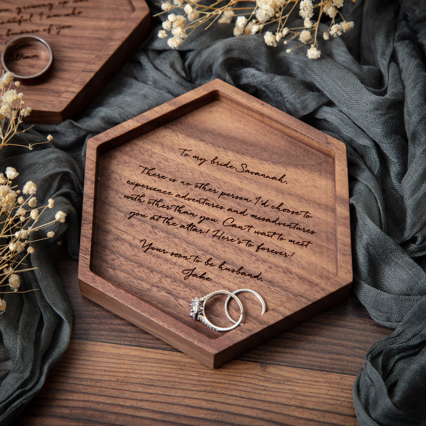 Hexagon Wood Tray - Engraved Ring Dish Key Personalized EDC Catch All Tray, 5th Anniversary, Wedding Day Present for Dad Father Mom Husband