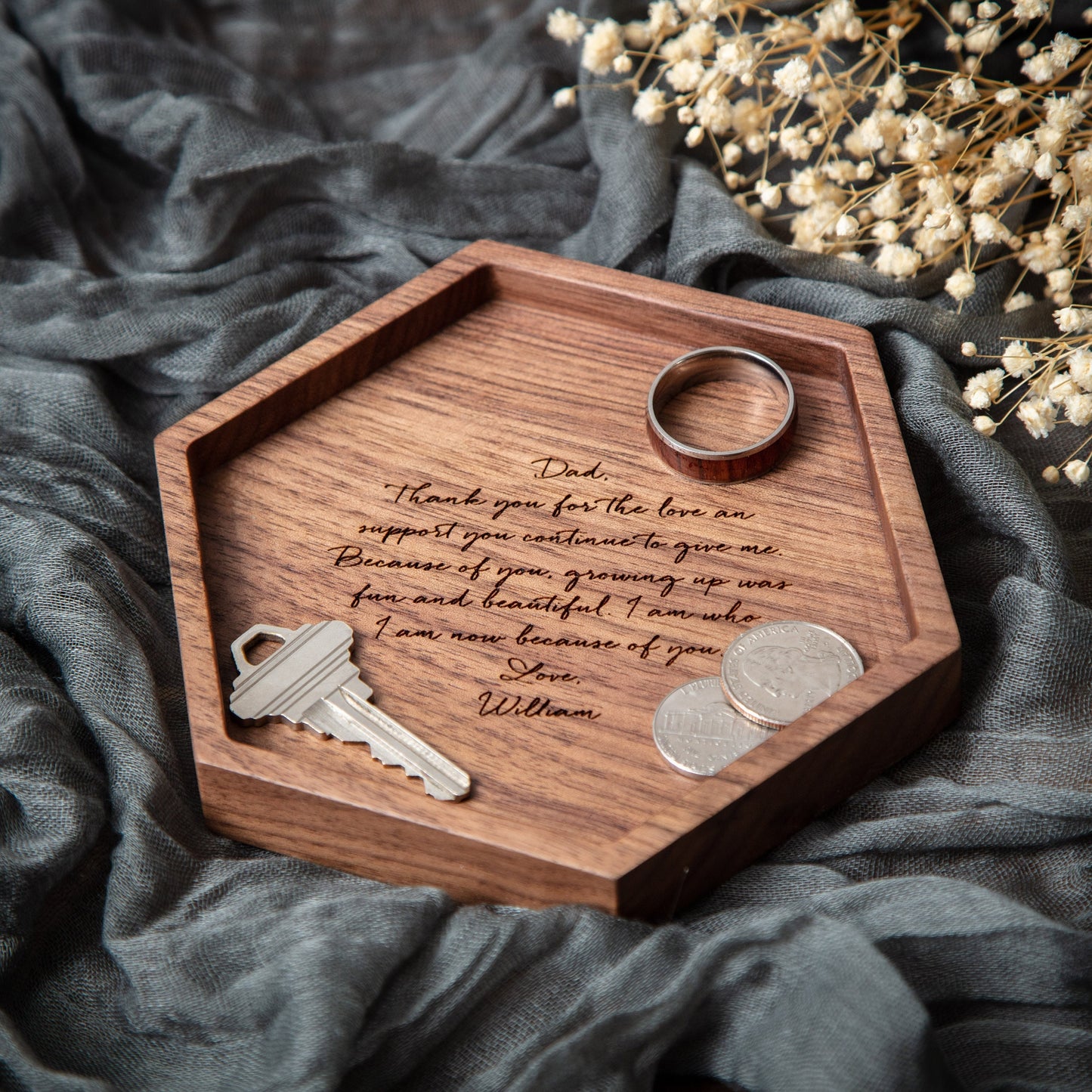 Hexagon Wood Tray - Engraved Ring Dish Key Personalized EDC Catch All Tray, 5th Anniversary, Wedding Day Present for Dad Father Mom Husband