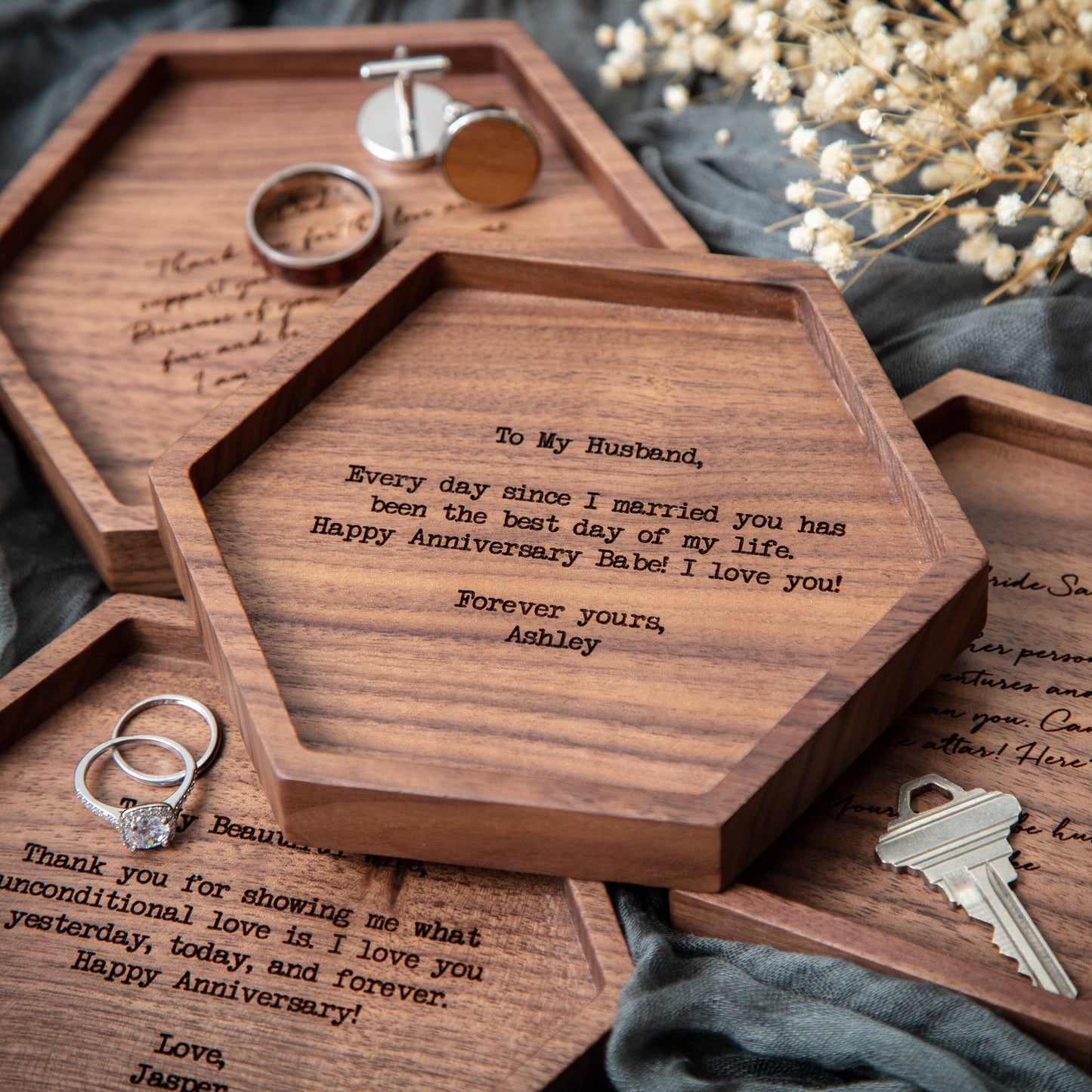 Hexagon Wood Tray - Engraved Ring Dish Key Personalized EDC Catch All Tray, 5th Anniversary, Wedding Day Present for Dad Father Mom Husband