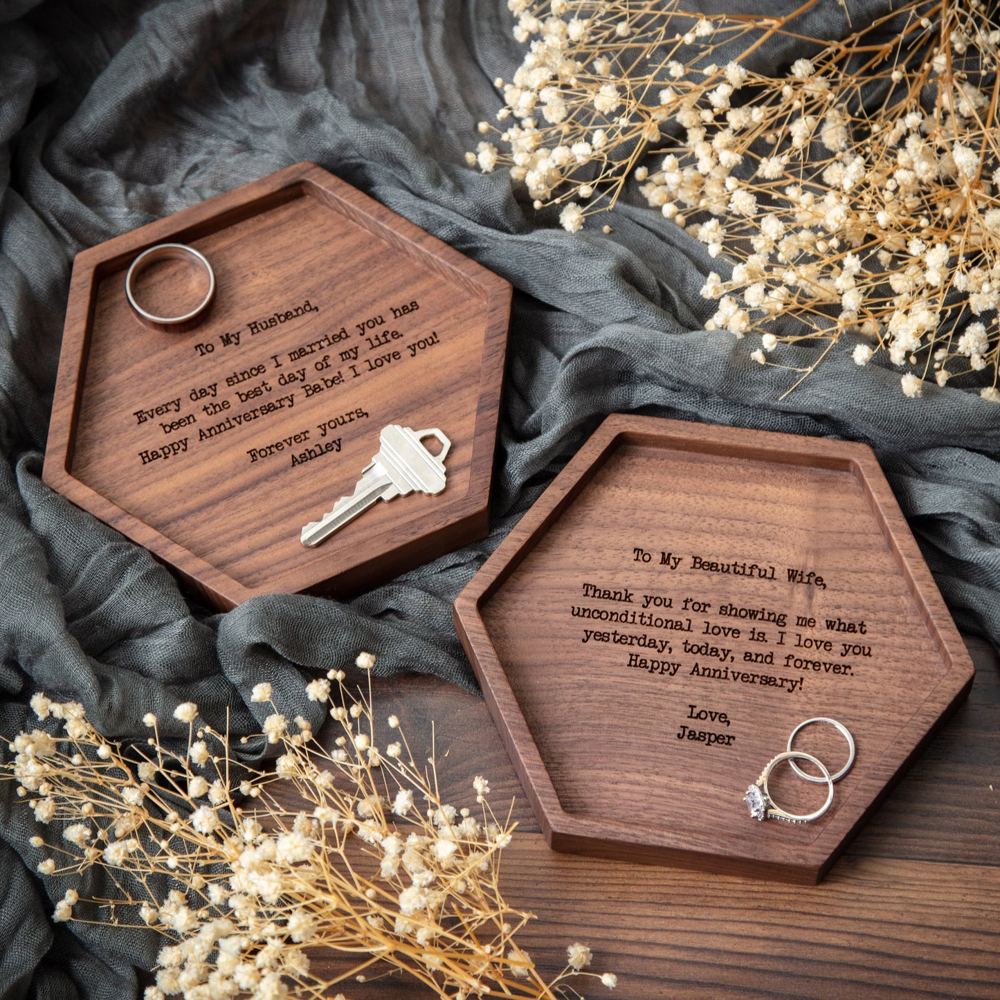Hexagon Wood Tray - Engraved Ring Dish Key Personalized EDC Catch All Tray, 5th Anniversary, Wedding Day Present for Dad Father Mom Husband