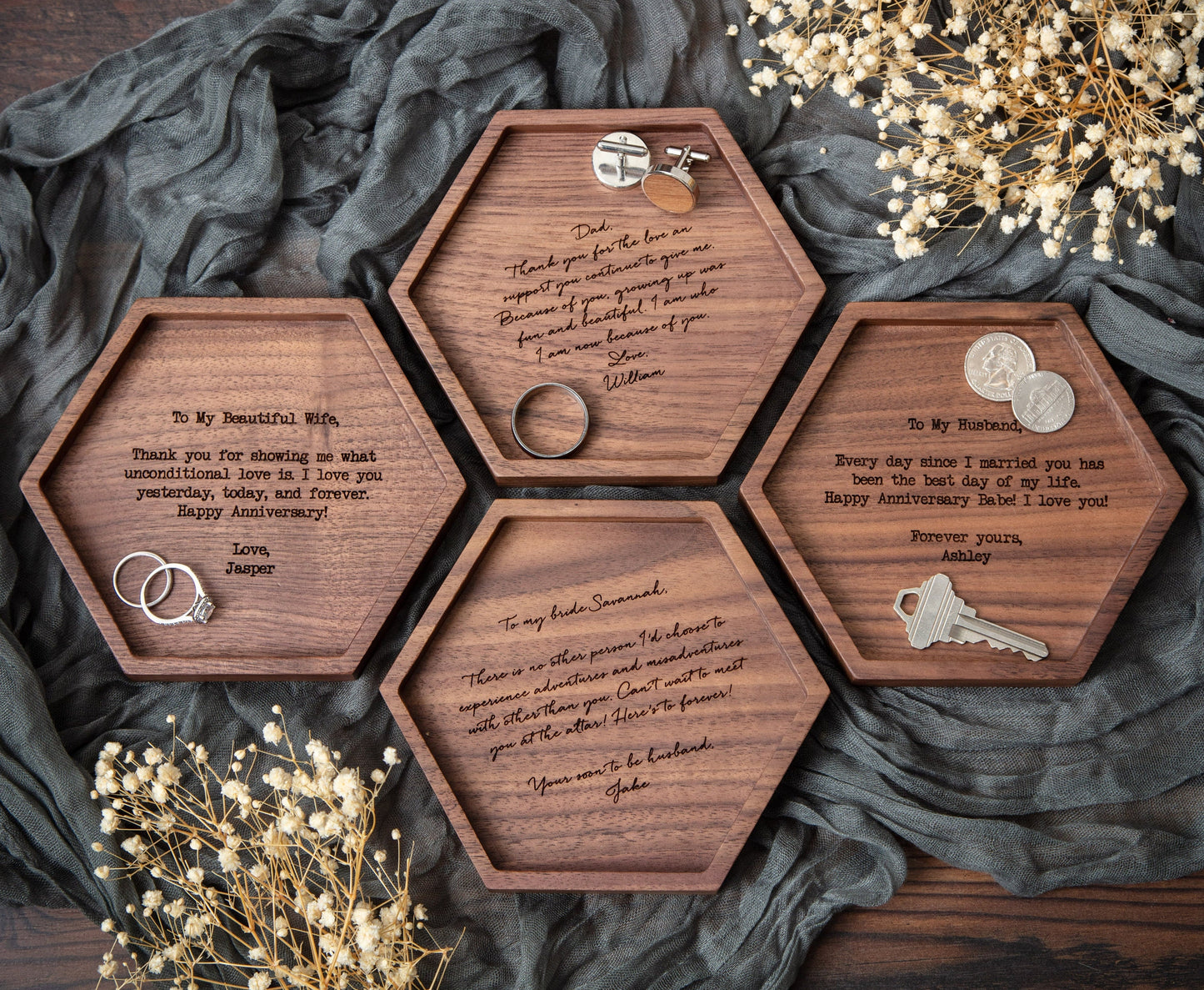 Hexagon Wood Tray - Engraved Ring Dish Key Personalized EDC Catch All Tray, 5th Anniversary, Wedding Day Present for Dad Father Mom Husband