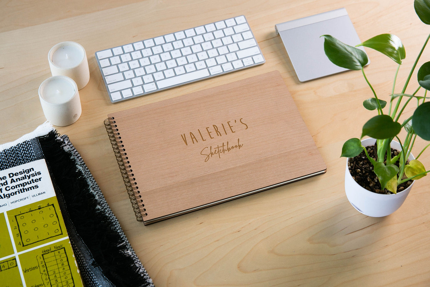 Engraved Spiral Wood Notebook (Design K) - Wooden Drawing Notepad, Artist Sketch Pad Spiral for Student, Back to School Gift for Creatives