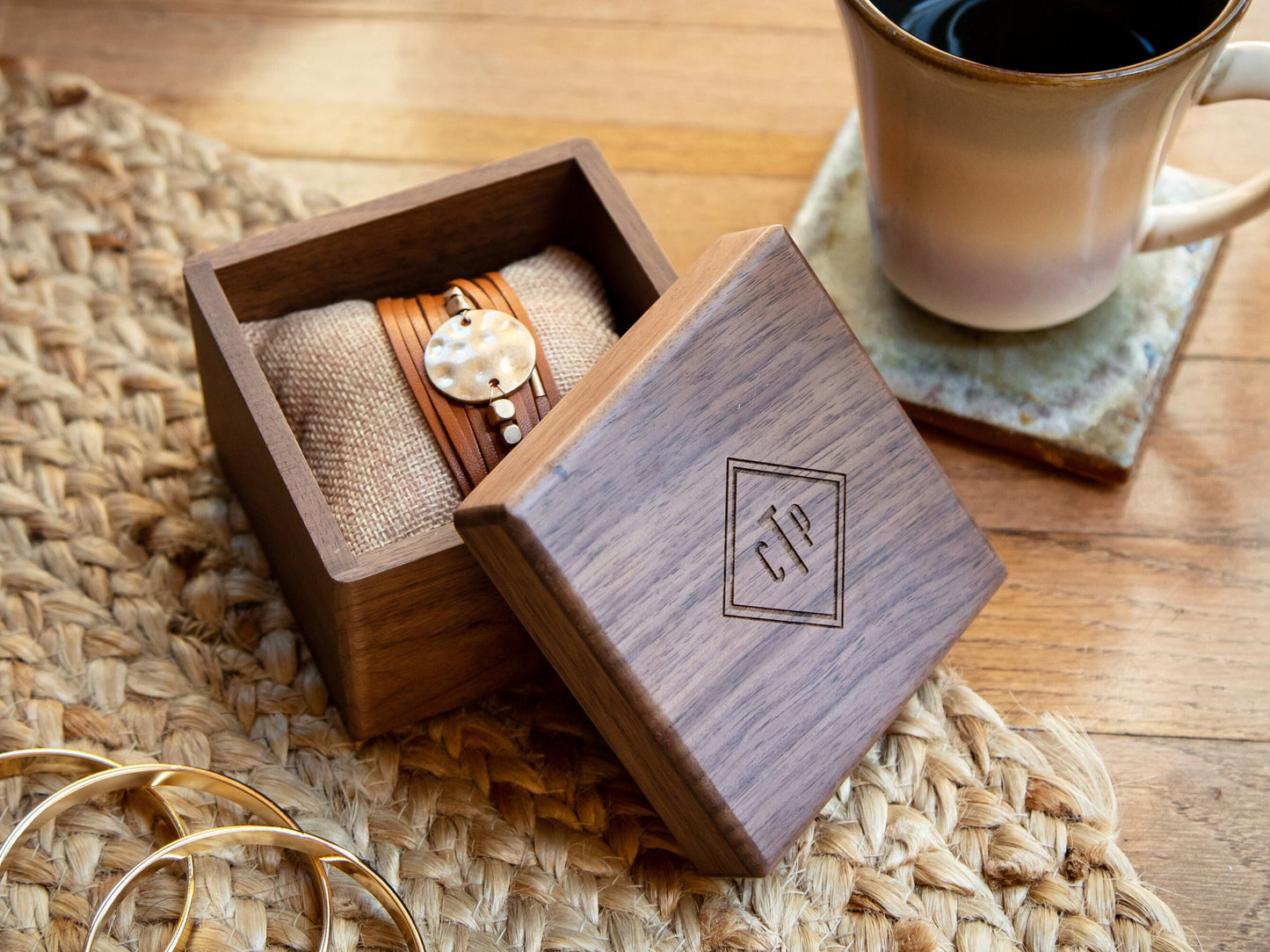 Square Walnut Watch Gift Box & Pillow Only (Watch NOT Included) - Apple Watch or Bracelet Box, Birthday, Honeymoon or Wedding Travel Gift