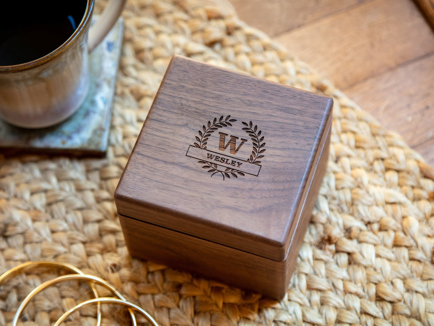 Square Walnut Watch Gift Box & Pillow Only (Watch NOT Included) - Apple Watch or Bracelet Box, Birthday, Honeymoon or Wedding Travel Gift