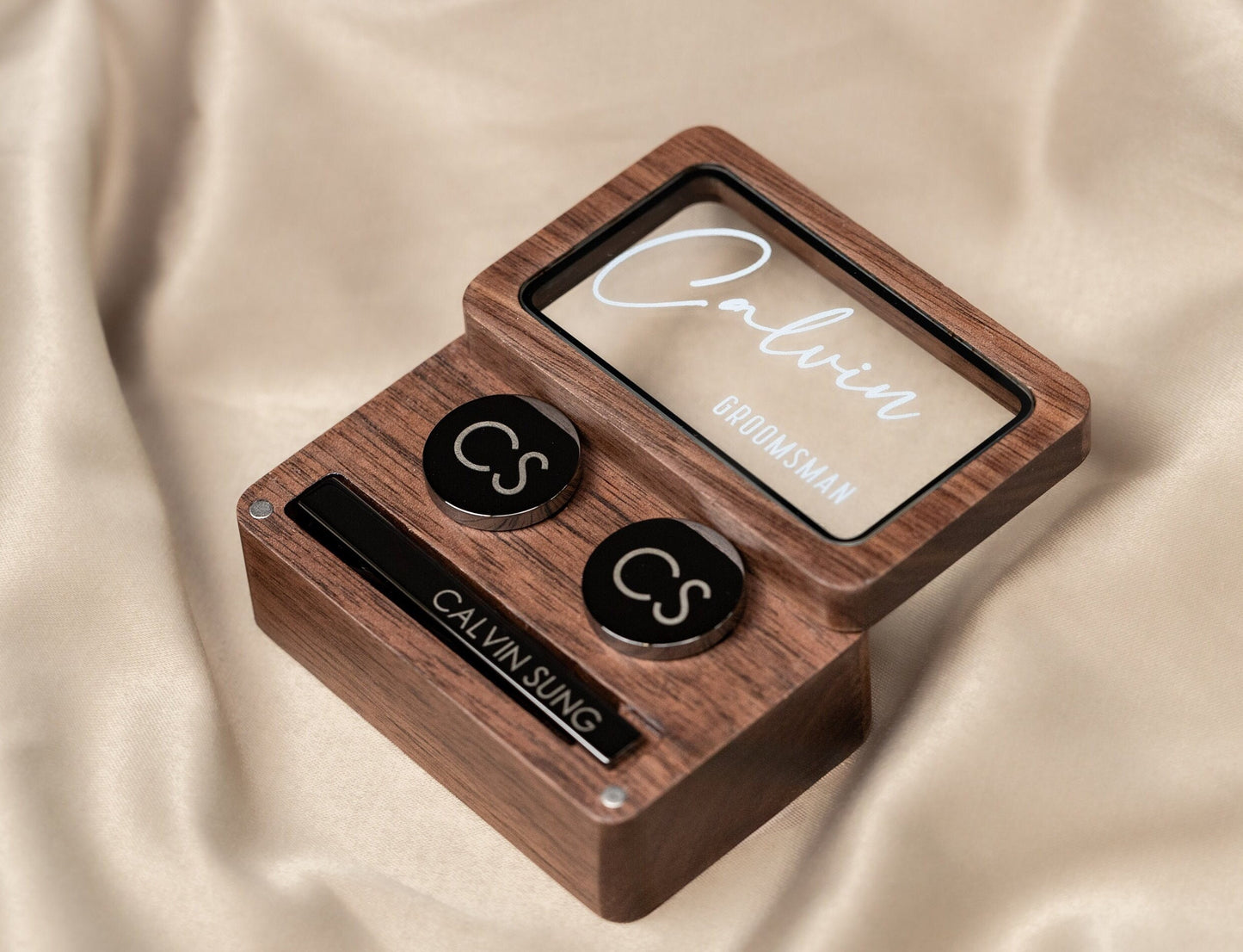 Metal Cufflinks, Tie Clip & Rec Gift Box w Glass Lid - Wedding Day Cuff links Gift for Groom Fiancé Husband Dad, Groomsman Best Man Favors