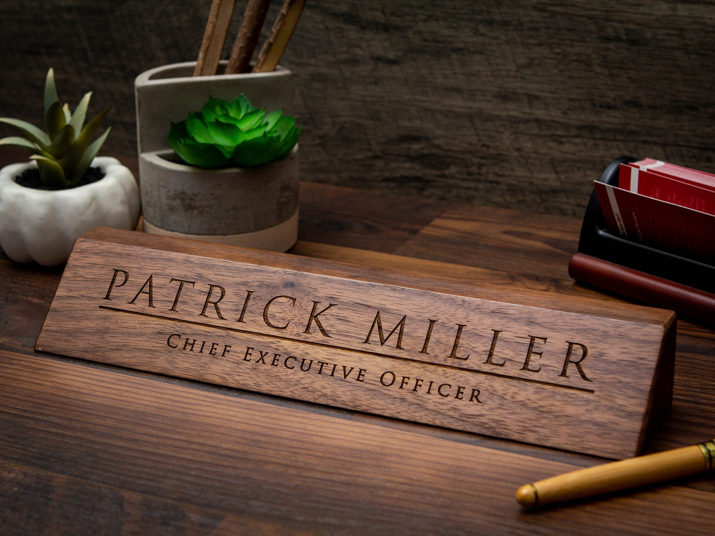 Wood Name Block (11.75") - Engraved Desk Sign, Personalized New Office Promotion Gift for Men Husband Wife Dad Teacher Corporate Employee HR