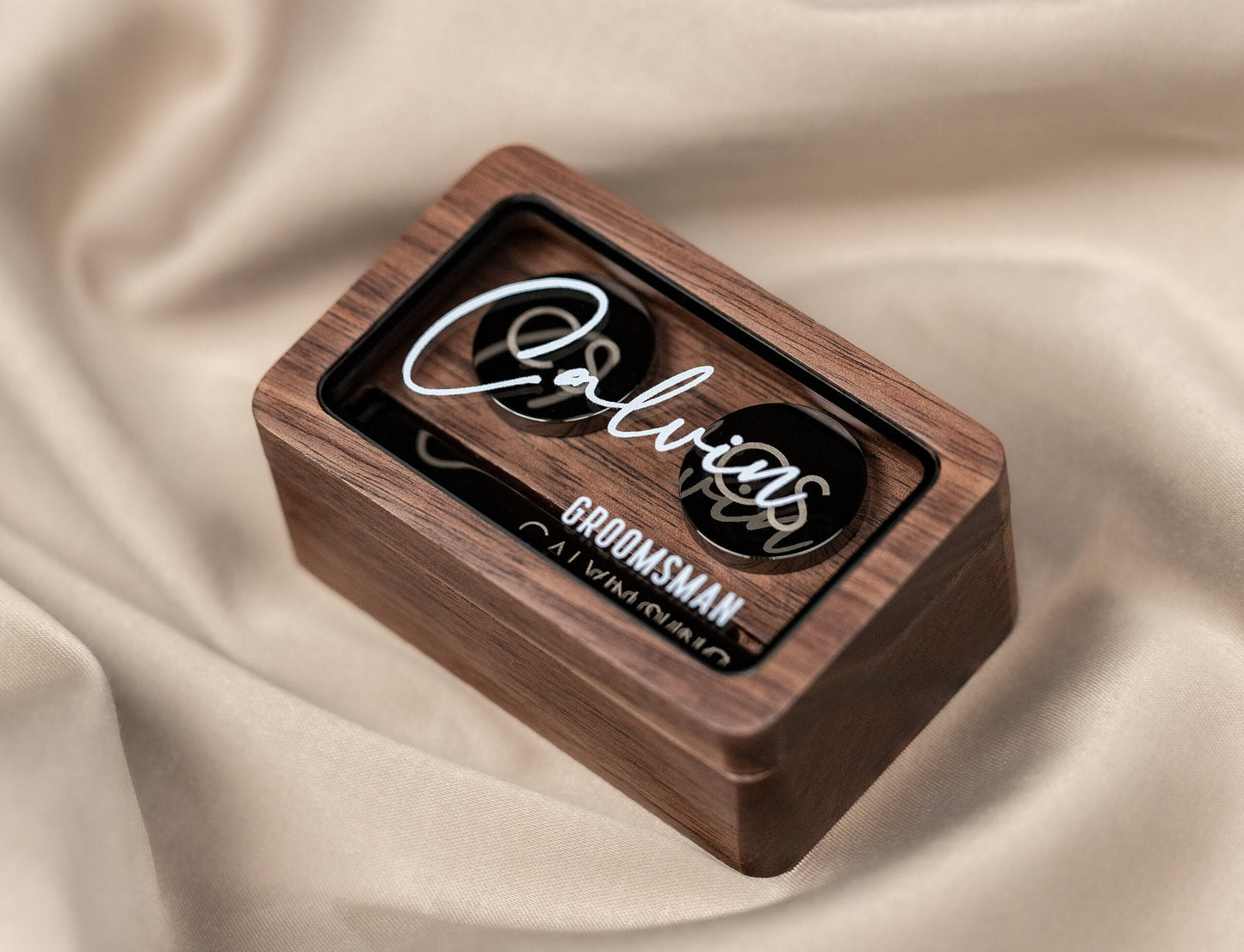 Metal Cufflinks, Tie Clip & Rec Gift Box w Glass Lid - Wedding Day Cuff links Gift for Groom Fiancé Husband Dad, Groomsman Best Man Favors