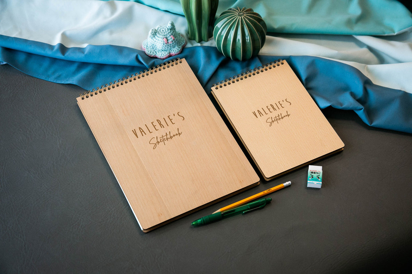 Engraved Spiral Wood Notebook (Design K) - Wooden Drawing Notepad, Artist Sketch Pad Spiral for Student, Back to School Gift for Creatives