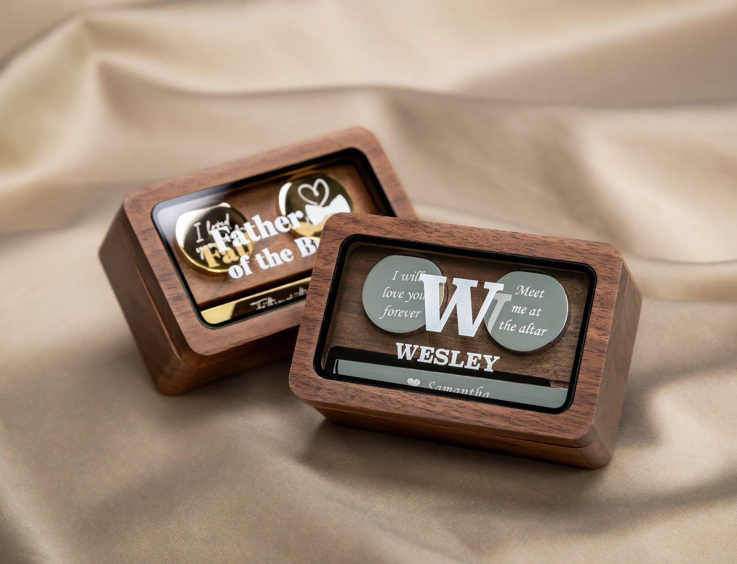 Metal Cufflinks, Tie Clip & Rec Gift Box w Glass Lid - Wedding Day Cuff links Gift for Groom Fiancé Husband Dad, Groomsman Best Man Favors