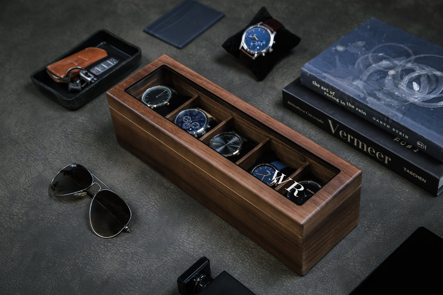 Wide Wood Watch Box (Design 5) - Mens 5 Slot Watch Display Case with Personalized Lid for Him 5th Year Anniversary Birthday Honeymoon Gift