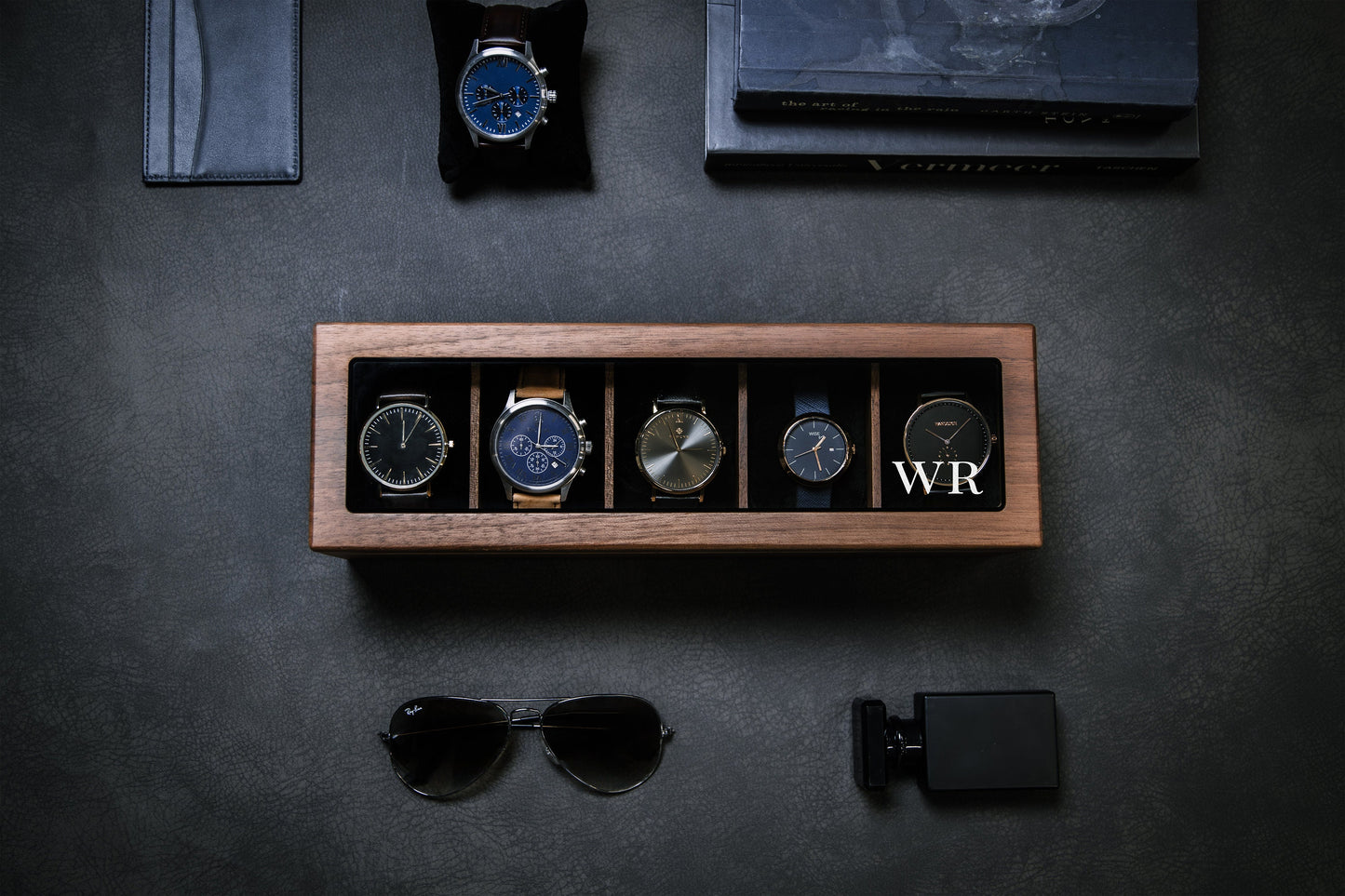 Wide Wood Watch Box (Design 5) - Mens 5 Slot Watch Display Case with Personalized Lid for Him 5th Year Anniversary Birthday Honeymoon Gift