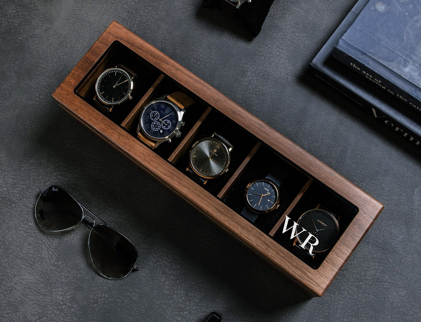 Wide Wood Watch Box (Design 5) - Mens 5 Slot Watch Display Case with Personalized Lid for Him 5th Year Anniversary Birthday Honeymoon Gift