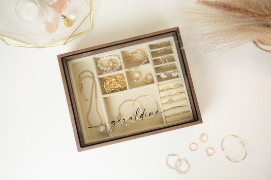 Large Women's Jewelry Box (Design 1) - Walnut Wooden Jewelry Box with Customizable Glass Lid - Gift for Her, Mom, Mom-to-be, Wife Girlfriend
