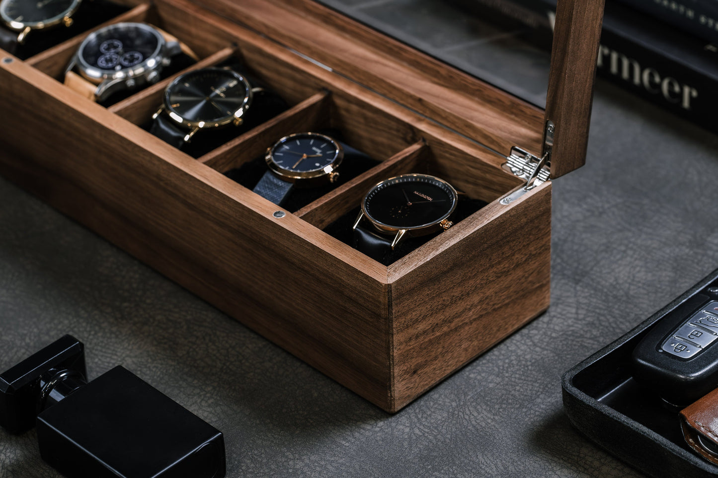 Wide Wood Watch Box (Design 5) - Mens 5 Slot Watch Display Case with Personalized Lid for Him 5th Year Anniversary Birthday Honeymoon Gift