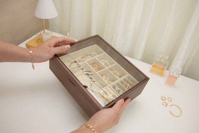 Large Women's Jewelry Box (Design 1) - Walnut Wooden Jewelry Box with Customizable Glass Lid - Gift for Her, Mom, Mom-to-be, Wife Girlfriend