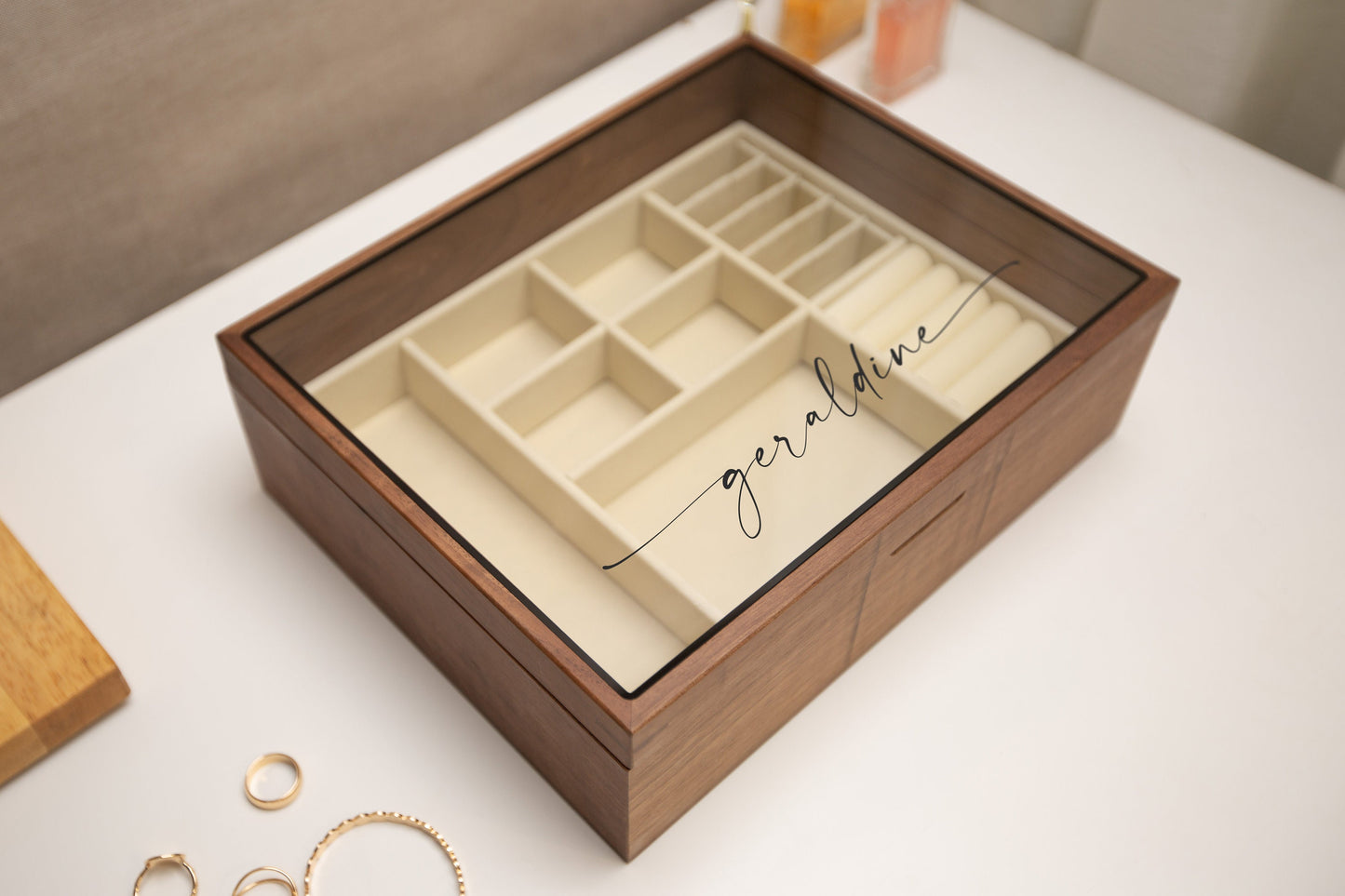 Large Women's Jewelry Box (Design 1) - Walnut Wooden Jewelry Box with Customizable Glass Lid - Gift for Her, Mom, Mom-to-be, Wife Girlfriend