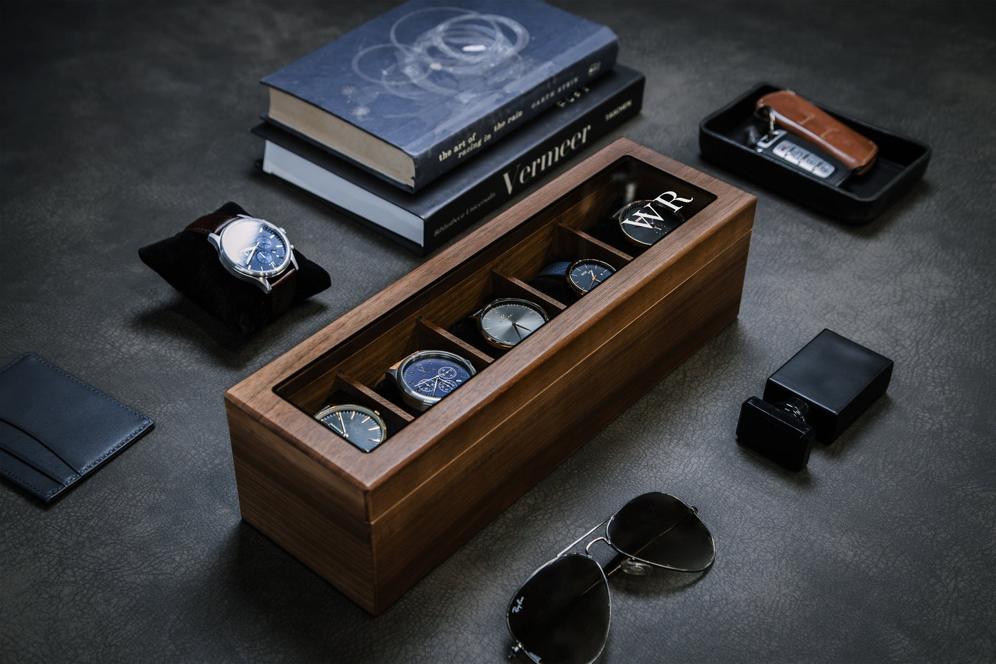 Wide Wood Watch Box (Design 5) - Mens 5 Slot Watch Display Case with Personalized Lid for Him 5th Year Anniversary Birthday Honeymoon Gift