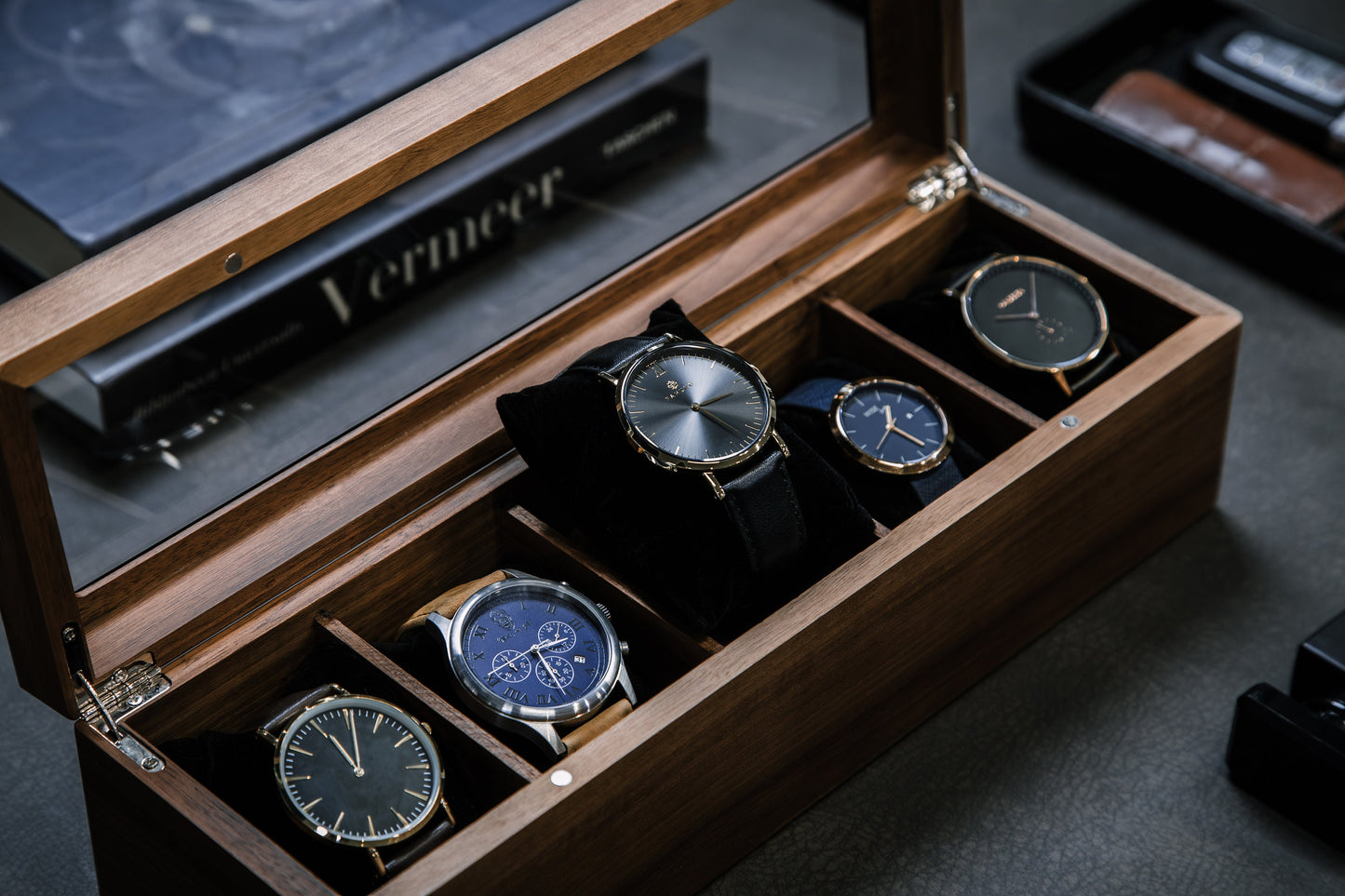 Wide Wood Watch Box (Design 5) - Mens 5 Slot Watch Display Case with Personalized Lid for Him 5th Year Anniversary Birthday Honeymoon Gift