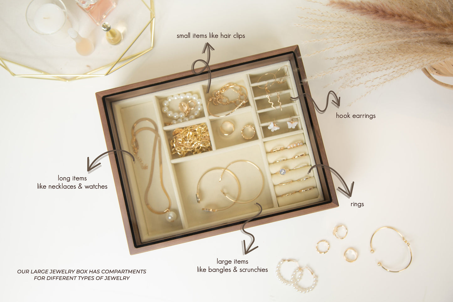 Large Women's Jewelry Box (Design 1) - Walnut Wooden Jewelry Box with Customizable Glass Lid - Gift for Her, Mom, Mom-to-be, Wife Girlfriend
