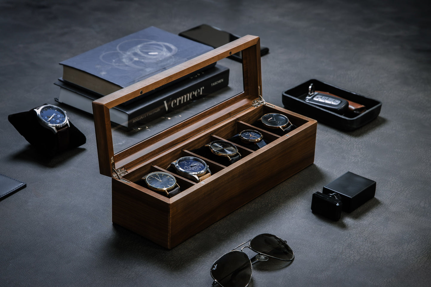 Wide Wood Watch Box (Design 5) - Mens 5 Slot Watch Display Case with Personalized Lid for Him 5th Year Anniversary Birthday Honeymoon Gift