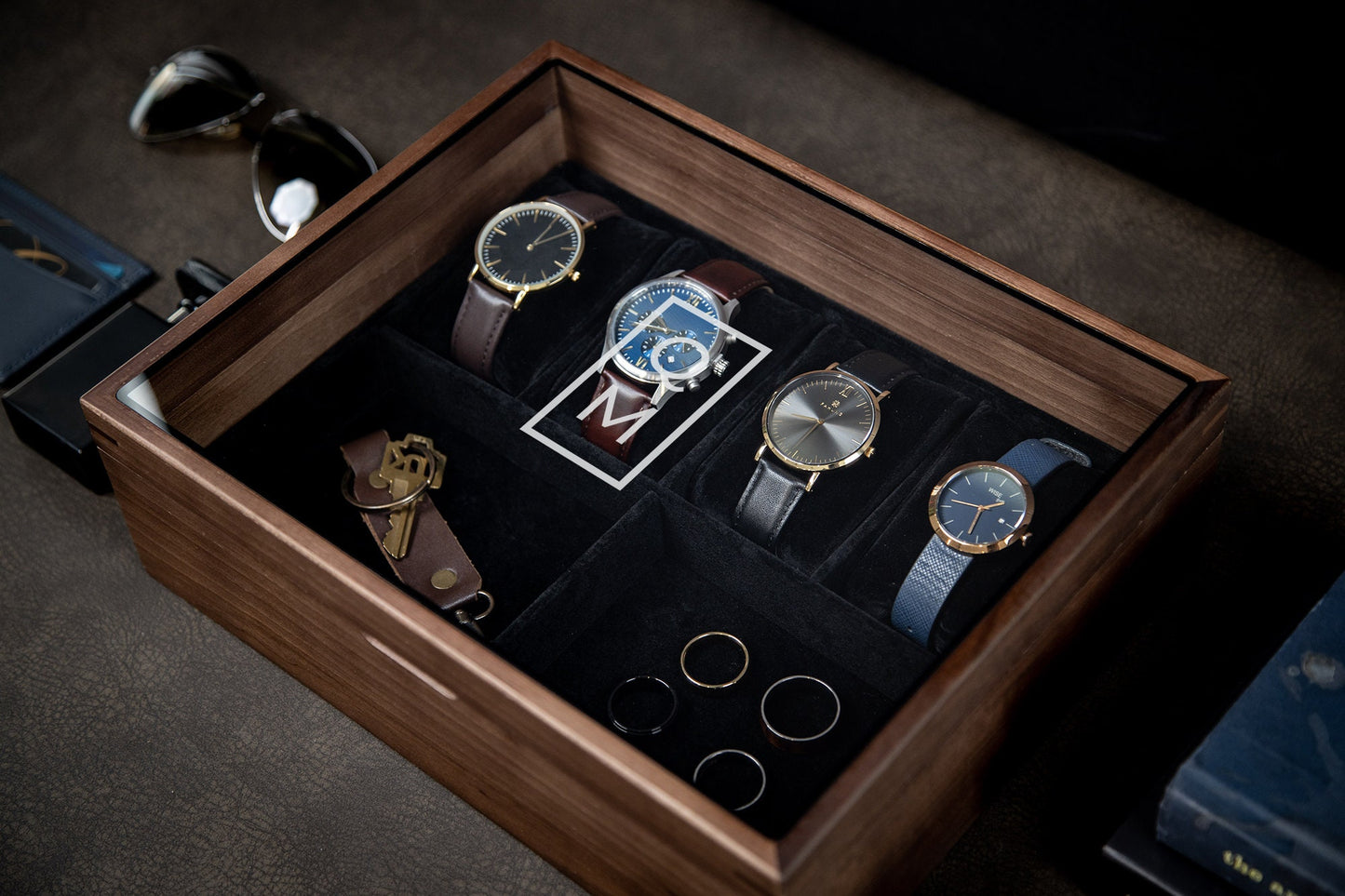 8x10 Wood Watch Box with Glass Lid (Design 6) - Mens Jewelry Holder Display Case with 4 Watch Slot, Simple Monogram Design Anniversary Gift