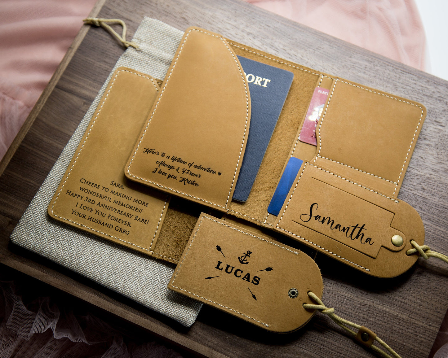 Engraved Passport Holder & Luggage Tag Set - Leather Set 3rd Anniversary Gift, Monogram Travel Wallet, Unique Gift for Mom Dad GF BF Fiancé