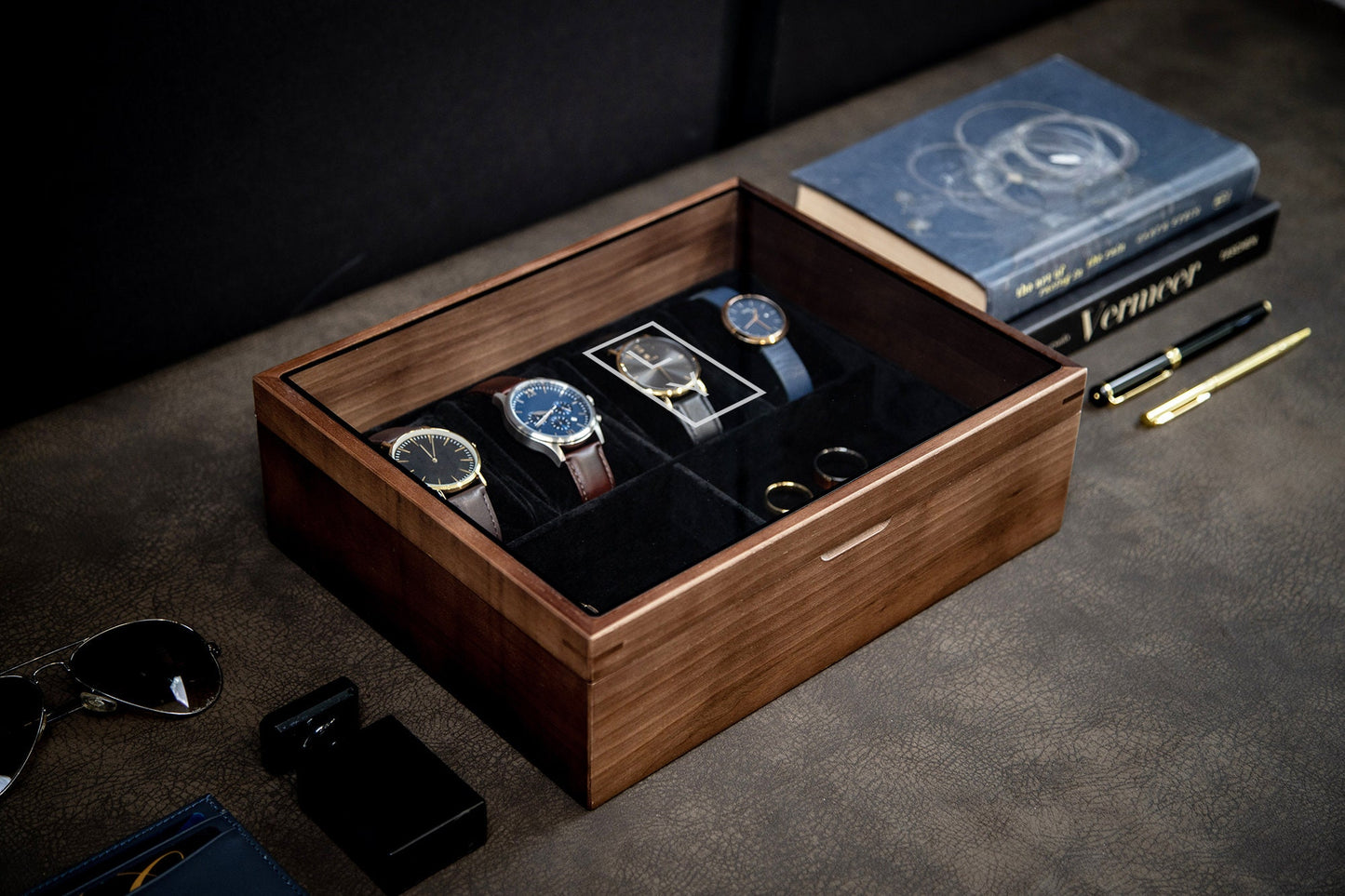 8x10 Wood Watch Box with Glass Lid (Design 6) - Mens Jewelry Holder Display Case with 4 Watch Slot, Simple Monogram Design Anniversary Gift