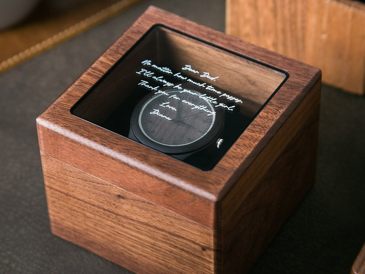 Engraved Wood Watch & Glass Top Walnut Gift Box - Mens 5th Anniversary Gift for Husband, Wedding Day Father of Bride Groom Dad Son Brother