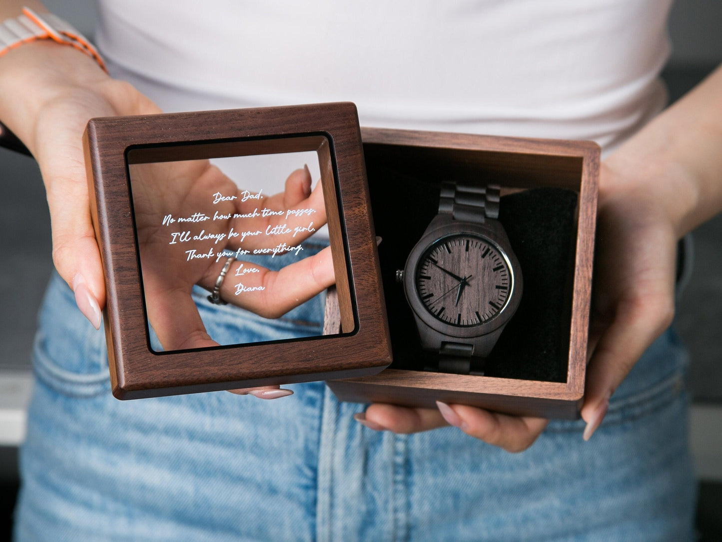 Engraved Wood Watch & Glass Top Walnut Gift Box - Mens 5th Anniversary Gift for Husband, Wedding Day Father of Bride Groom Dad Son Brother