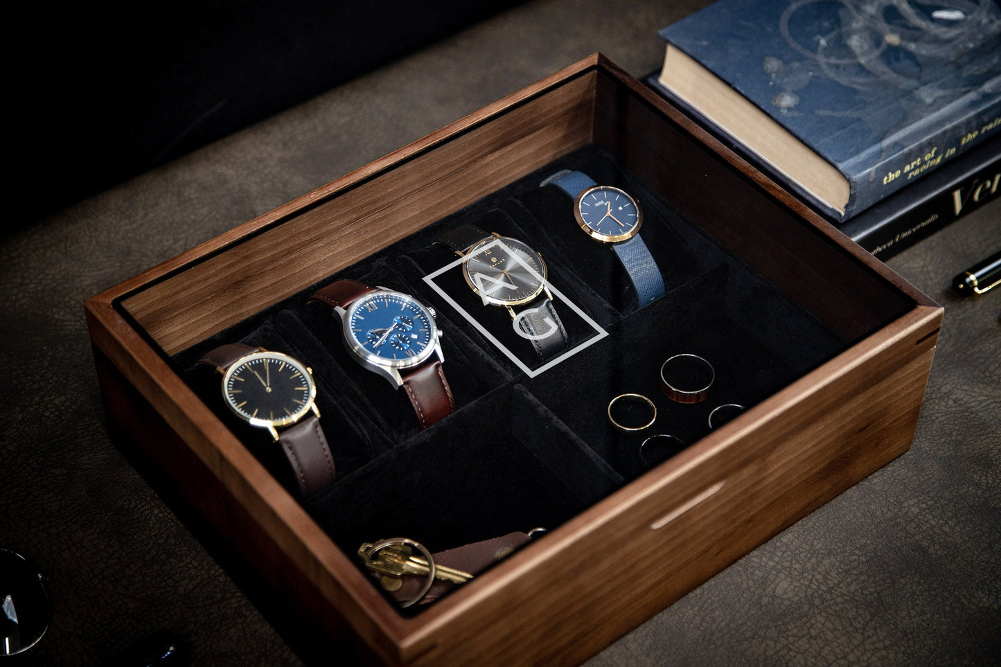 8x10 Wood Watch Box with Glass Lid (Design 6) - Mens Jewelry Holder Display Case with 4 Watch Slot, Simple Monogram Design Anniversary Gift