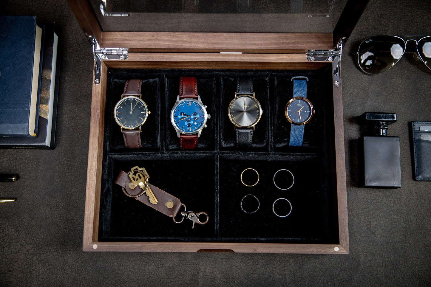 8x10 Wood Watch Box with Glass Lid (Design 6) - Mens Jewelry Holder Display Case with 4 Watch Slot, Simple Monogram Design Anniversary Gift