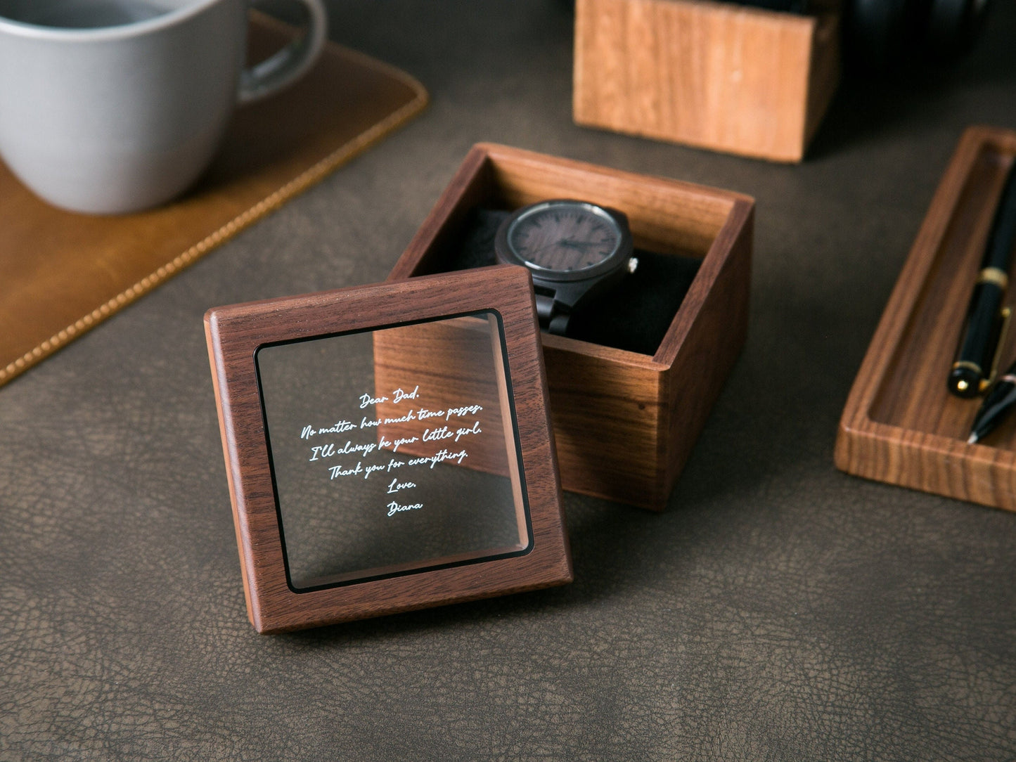 Engraved Wood Watch & Glass Top Walnut Gift Box - Mens 5th Anniversary Gift for Husband, Wedding Day Father of Bride Groom Dad Son Brother
