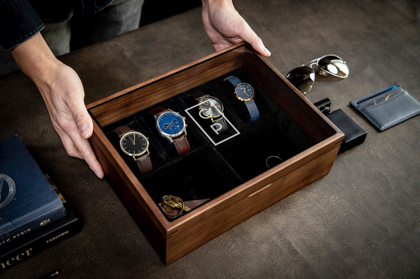 8x10 Wood Watch Box with Glass Lid (Design 6) - Mens Jewelry Holder Display Case with 4 Watch Slot, Simple Monogram Design Anniversary Gift
