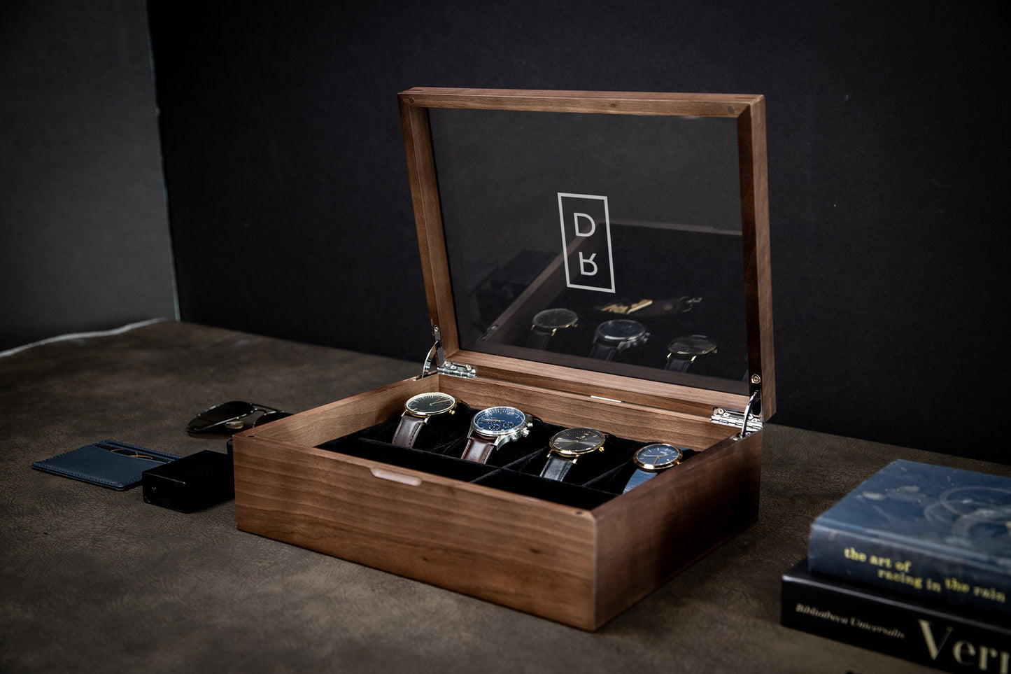 8x10 Wood Watch Box with Glass Lid (Design 6) - Mens Jewelry Holder Display Case with 4 Watch Slot, Simple Monogram Design Anniversary Gift