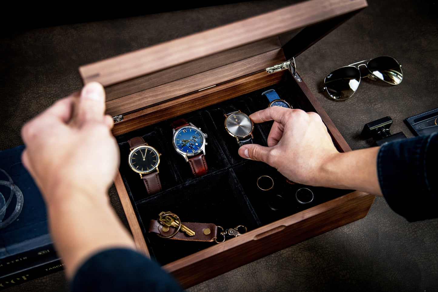 8x10 Wood Watch Box with Glass Lid (Design 6) - Mens Jewelry Holder Display Case with 4 Watch Slot, Simple Monogram Design Anniversary Gift