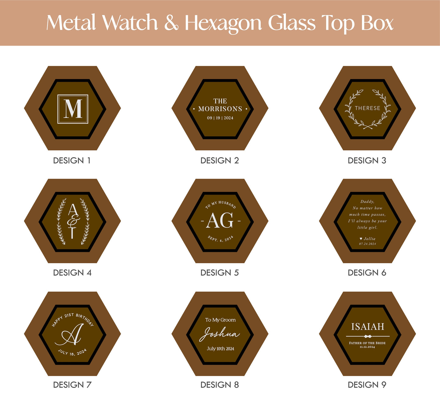 Metal Watch & Hexagon Watch Box w/ Glass Top (Set) - Mens Watch, Gift for Husband Boyfriend, Wedding Day Father Dad Son Brother Groomsmen