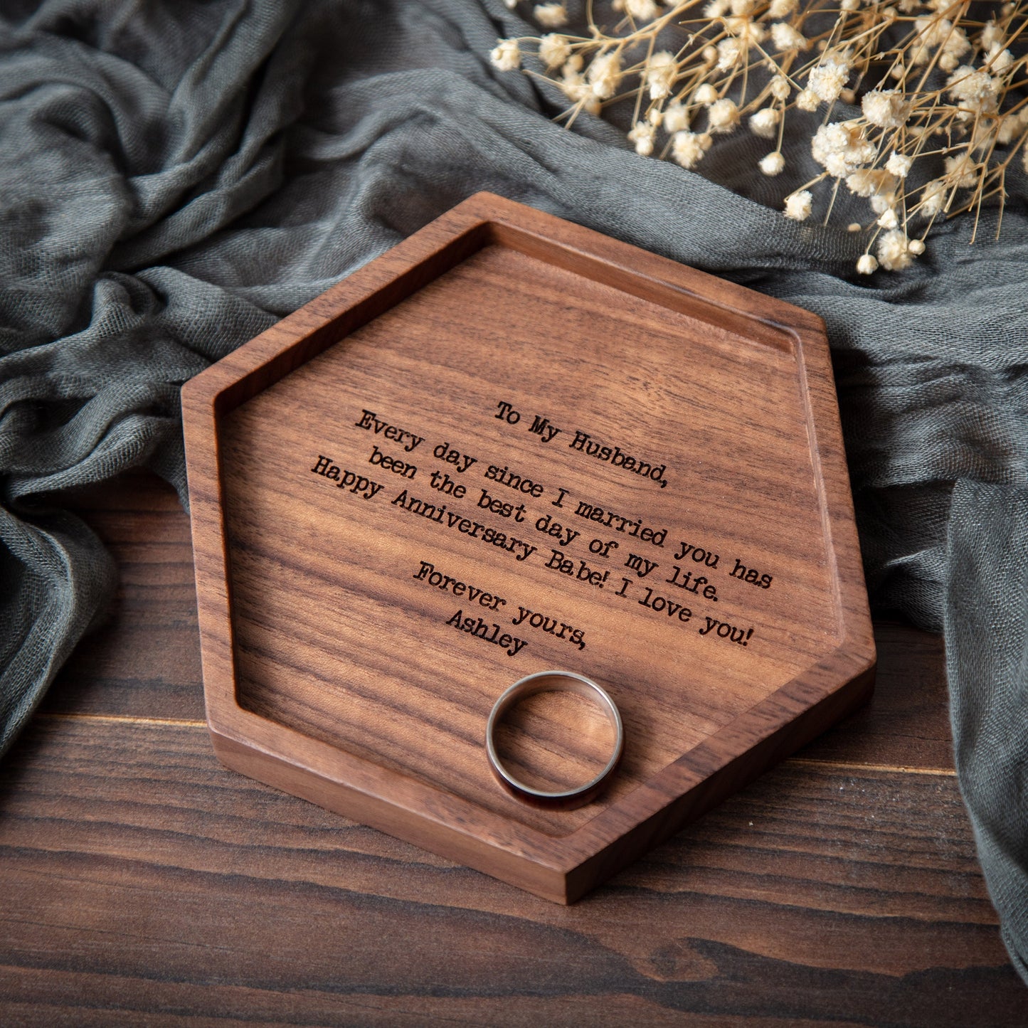 Hexagon Wood Tray - Engraved Modern Ring Dish Key Tray, Anniversary Honeymoon Wedding Day Gift Groom Bride Wife Husband Fiancé Boyfriend